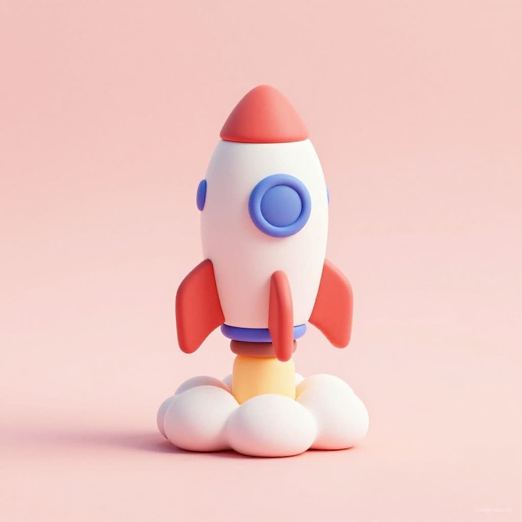 A cute 3D isometric icon of a rocket ship launching, clay material, soft lighting.