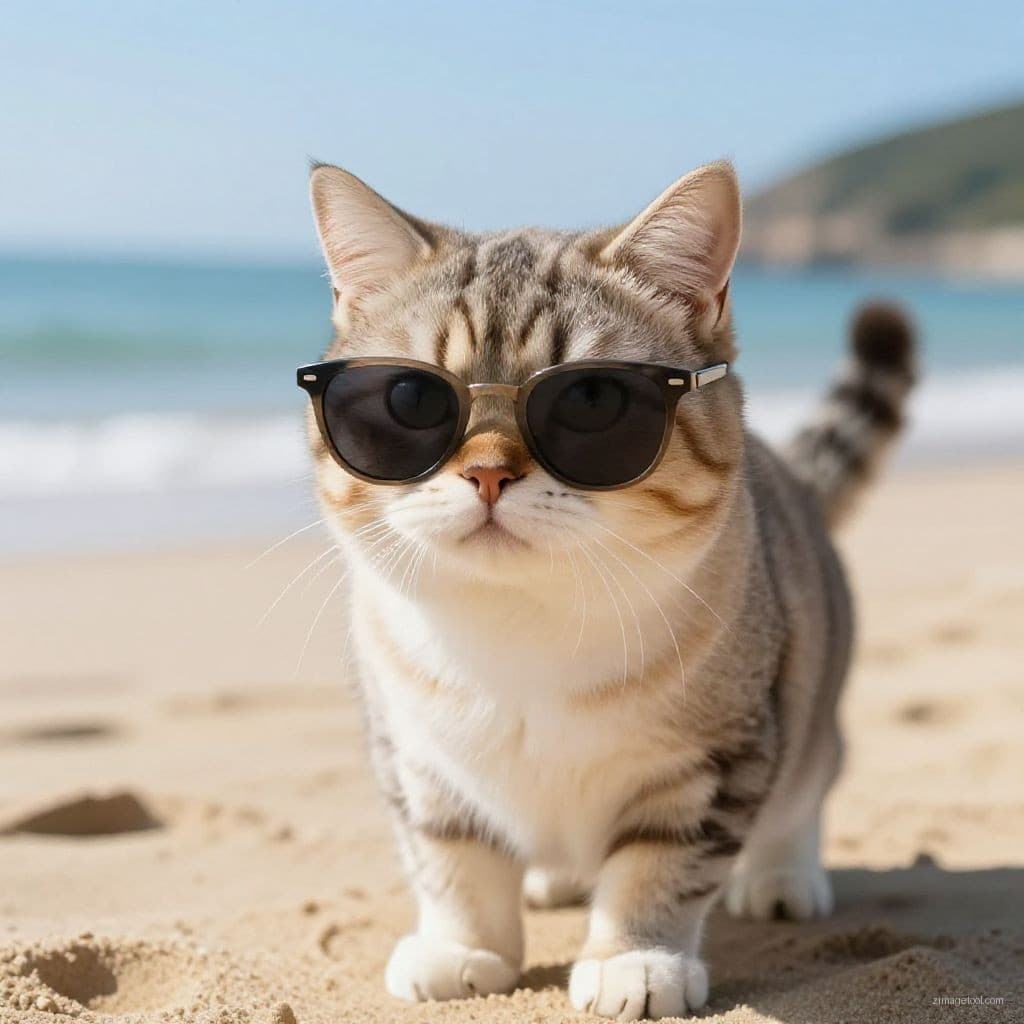 A cinematic shot of a cute cat wearing sunglasses on a sunny beach, 8k resolution, highly detailed.